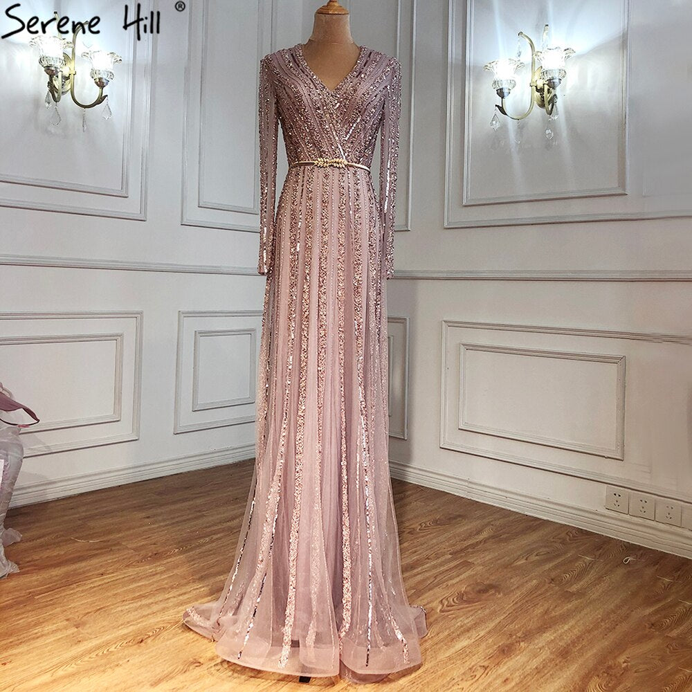 Serene Hill Muslim Green Luxury Elegant Evening Dresses Gowns 2025 Long Sleeves Beading For Women Party LA70790 - SERENE HILL