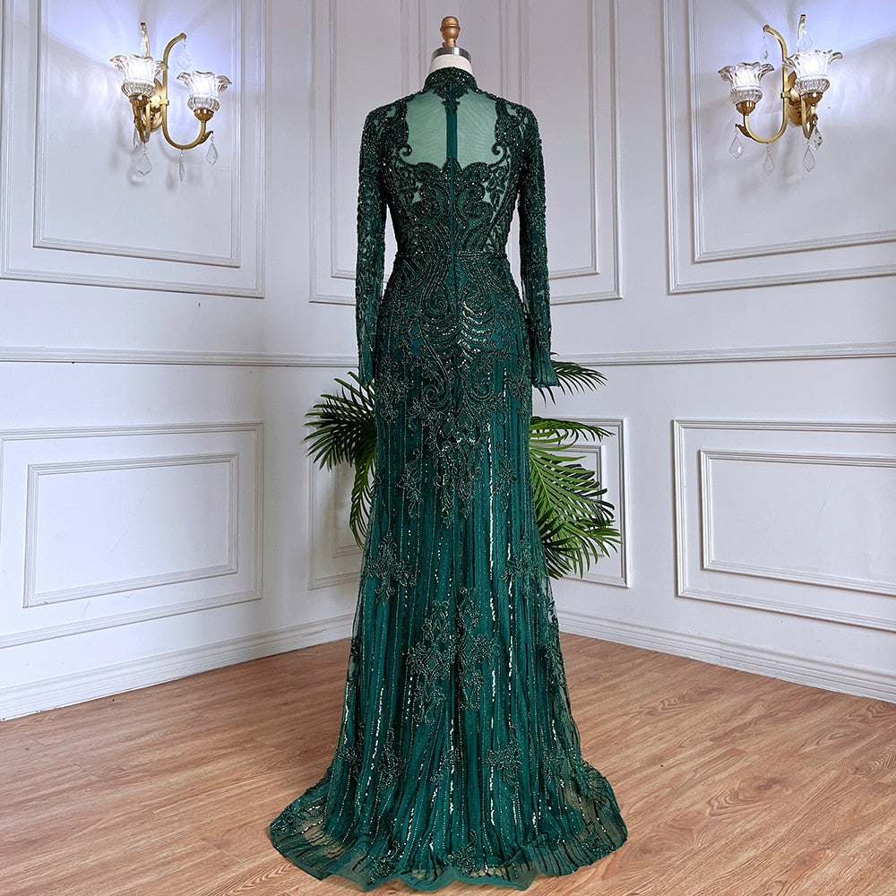 Serene Hill Muslim Green Mermaid Lace Beaded Crystal Luxury Dubai Evening Dresses Gowns For Women Wedding Party 2025 LA71983 - SERENE HILL