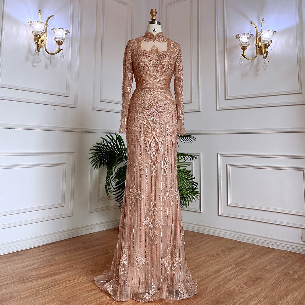 Serene Hill Muslim Green Mermaid Lace Beaded Crystal Luxury Dubai Evening Dresses Gowns For Women Wedding Party 2025 LA71983 - SERENE HILL