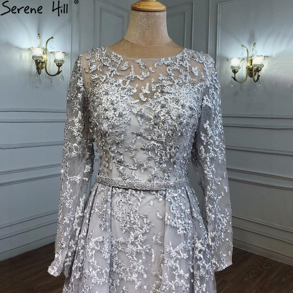 Serene Hill Muslim Grey A-Line Evening Dresses Gowns 2025 Lace Beaded Luxury For Woman Wedding Party LA71211 - SERENE HILL