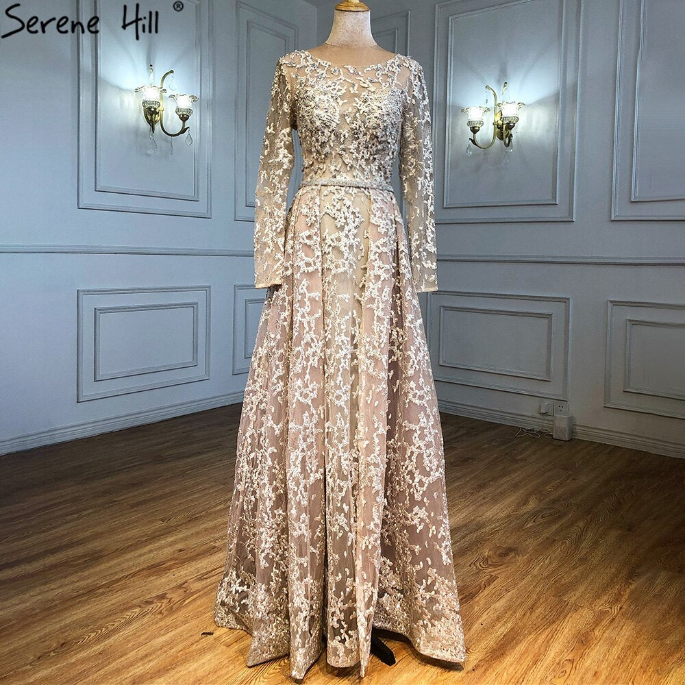 Serene Hill Muslim Grey A-Line Evening Dresses Gowns 2025 Lace Beaded Luxury For Woman Wedding Party LA71211 - SERENE HILL