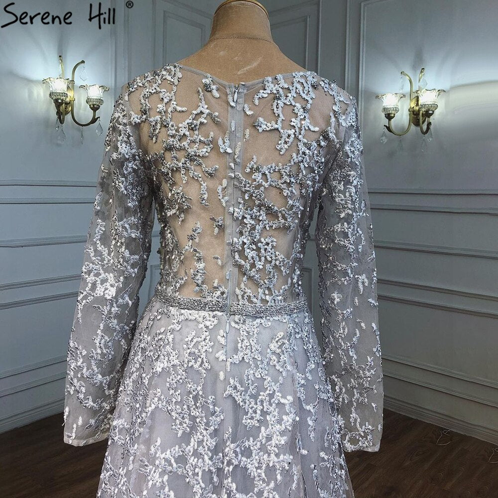 Serene Hill Muslim Grey A-Line Evening Dresses Gowns 2025 Lace Beaded Luxury For Woman Wedding Party LA71211 - SERENE HILL