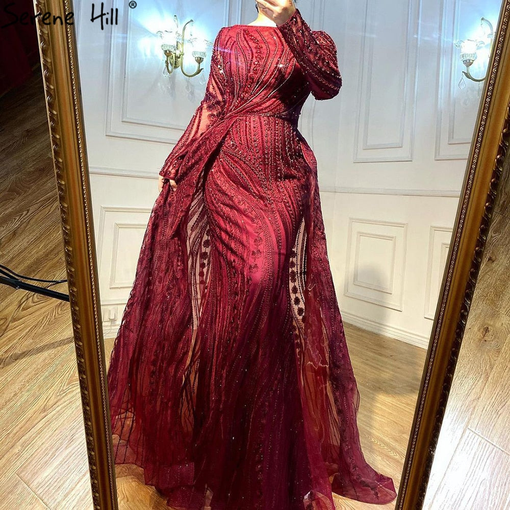 Muslim Burgundy Beaded Mermaid Evening Dress With Overskirt Plus wine red / 4