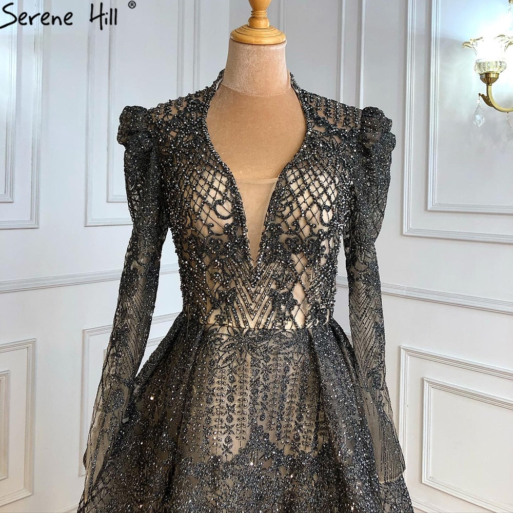 Serene Hill Muslim Grey Luxury A lineEvening Dresses Gowns 2025 A-Line Beading For Woman Wedding Party LA71126 - SERENE HILL