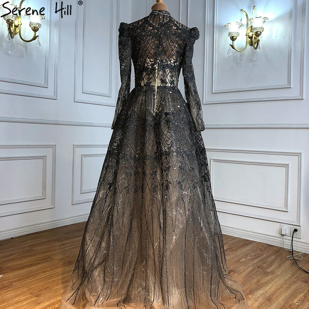 Serene Hill Muslim Grey Luxury A lineEvening Dresses Gowns 2025 A-Line Beading For Woman Wedding Party LA71126 - SERENE HILL