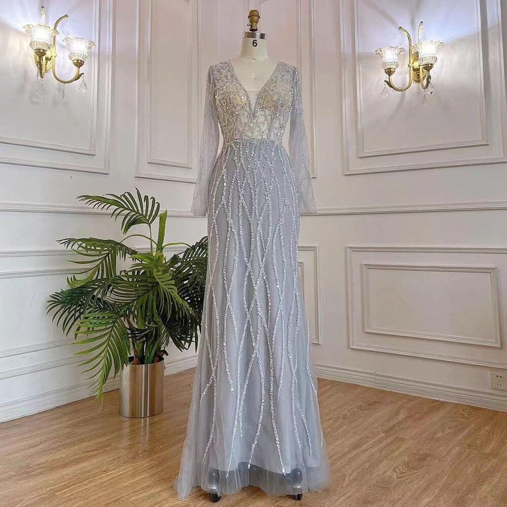 Serene Hill Muslim Grey V Neck Mermaid Beaded Luxury Dubai Evening Dresses 2025 For Women Elegant Party LA71903 - SERENE HILL