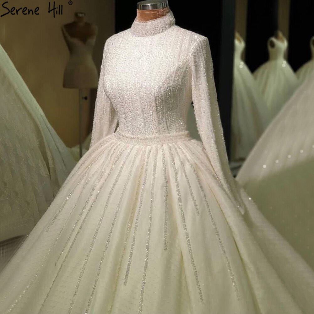 Serene Hill Muslim Ivory Long Sleeves Wedding Dresses 2025 Luxury High-end Beading Bride Gowns HA2467 Custom Made - SERENE HILL