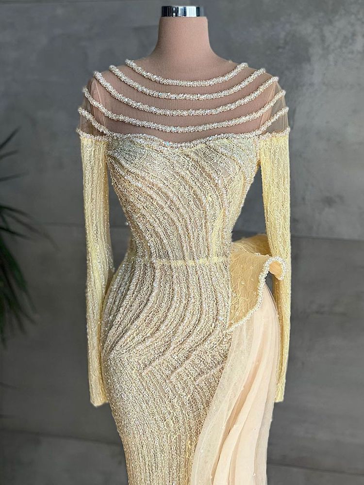 Serene Hill Muslim Ivory Mermaid Elegant With Skirt O Neck Luxury Beaded Evening Gowns 2025 For Women Party LA71767 - SERENE HILL