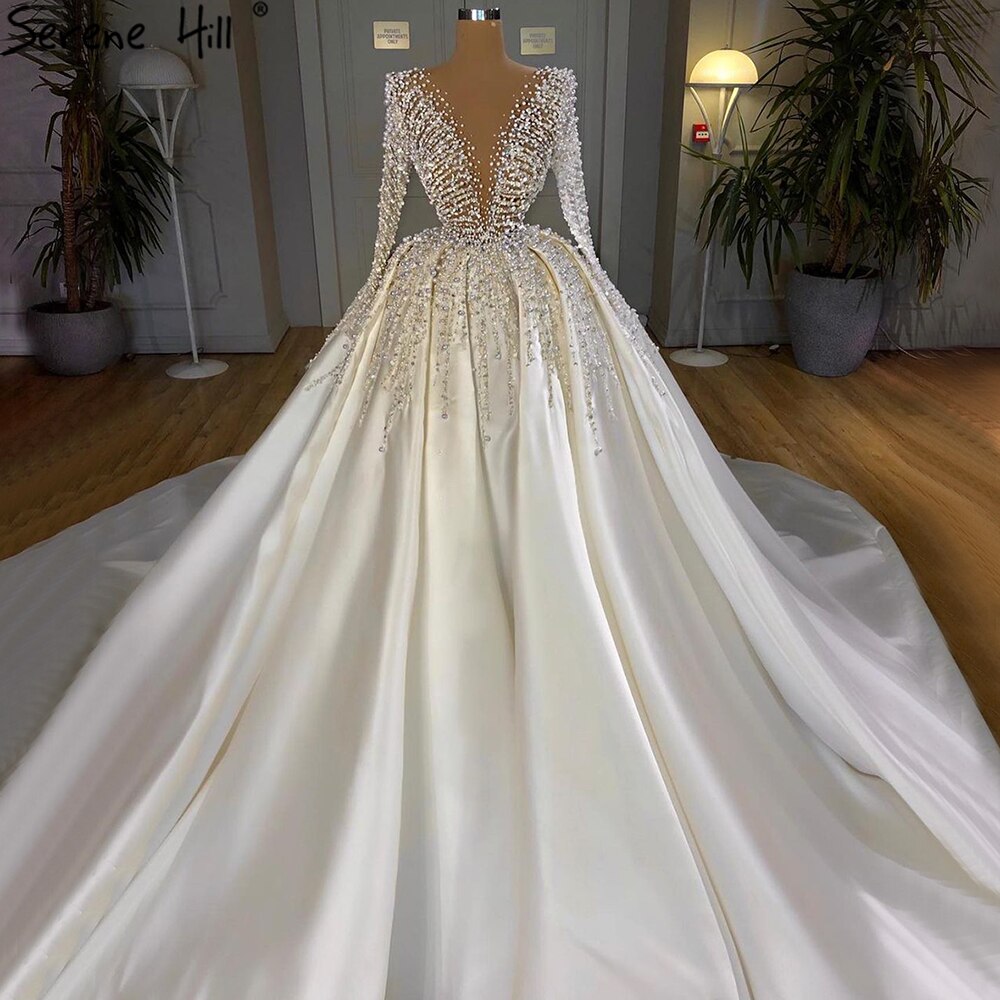 Serene Hill Muslim Ivory Satin Luxury Wedding Dresses Gowns 2025 Beading Pearls Sexy Bride Dress HM67210 Custom Made - SERENE HILL