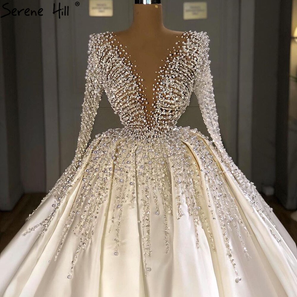 Serene Hill Muslim Ivory Satin Luxury Wedding Dresses Gowns 2025 Beading Pearls Sexy Bride Dress HM67210 Custom Made - SERENE HILL