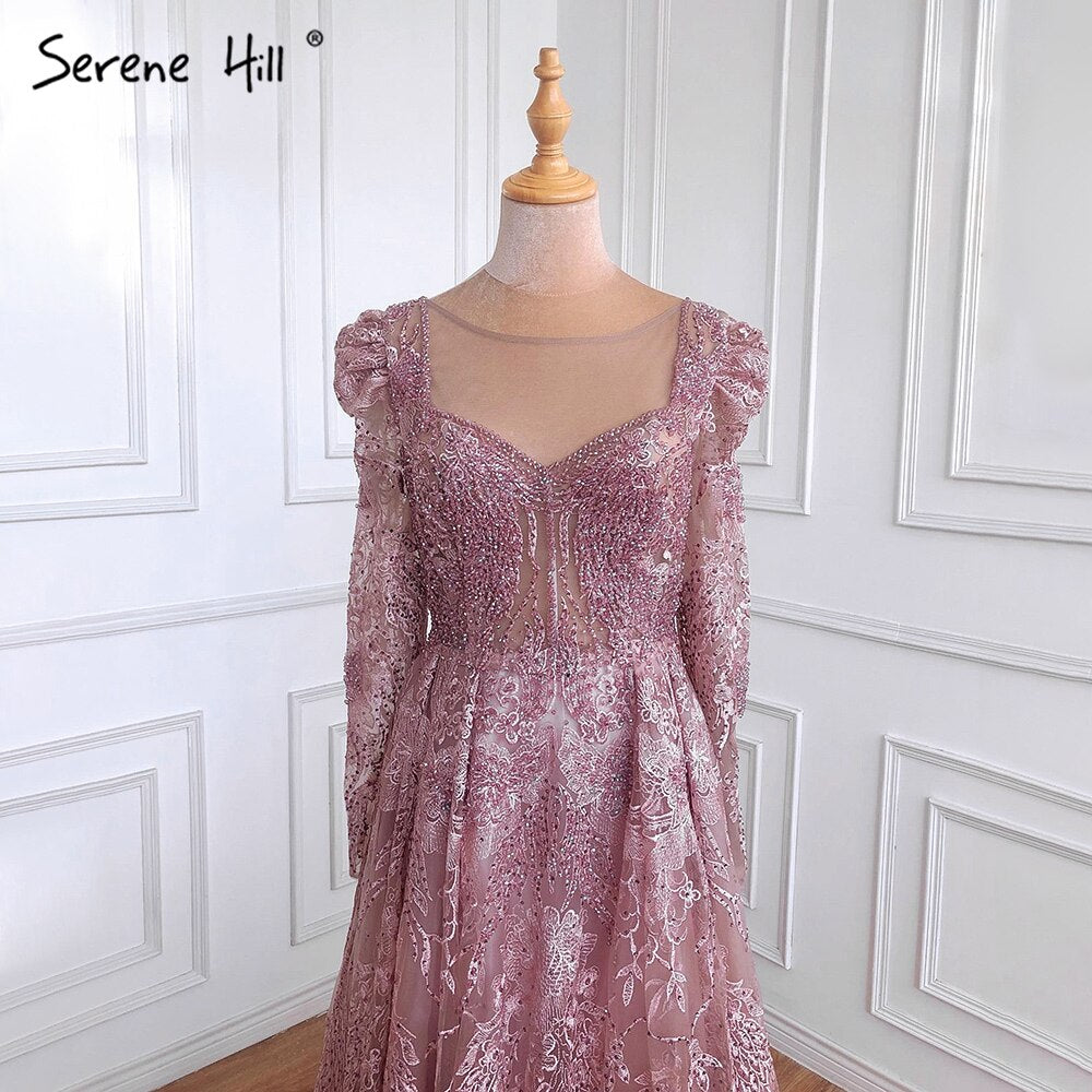 Serene Hill Muslim Luxury Pink Evening Dresses Gowns 2025 A-Line Beaded Lace For Women Party Dress LA71312 - SERENE HILL