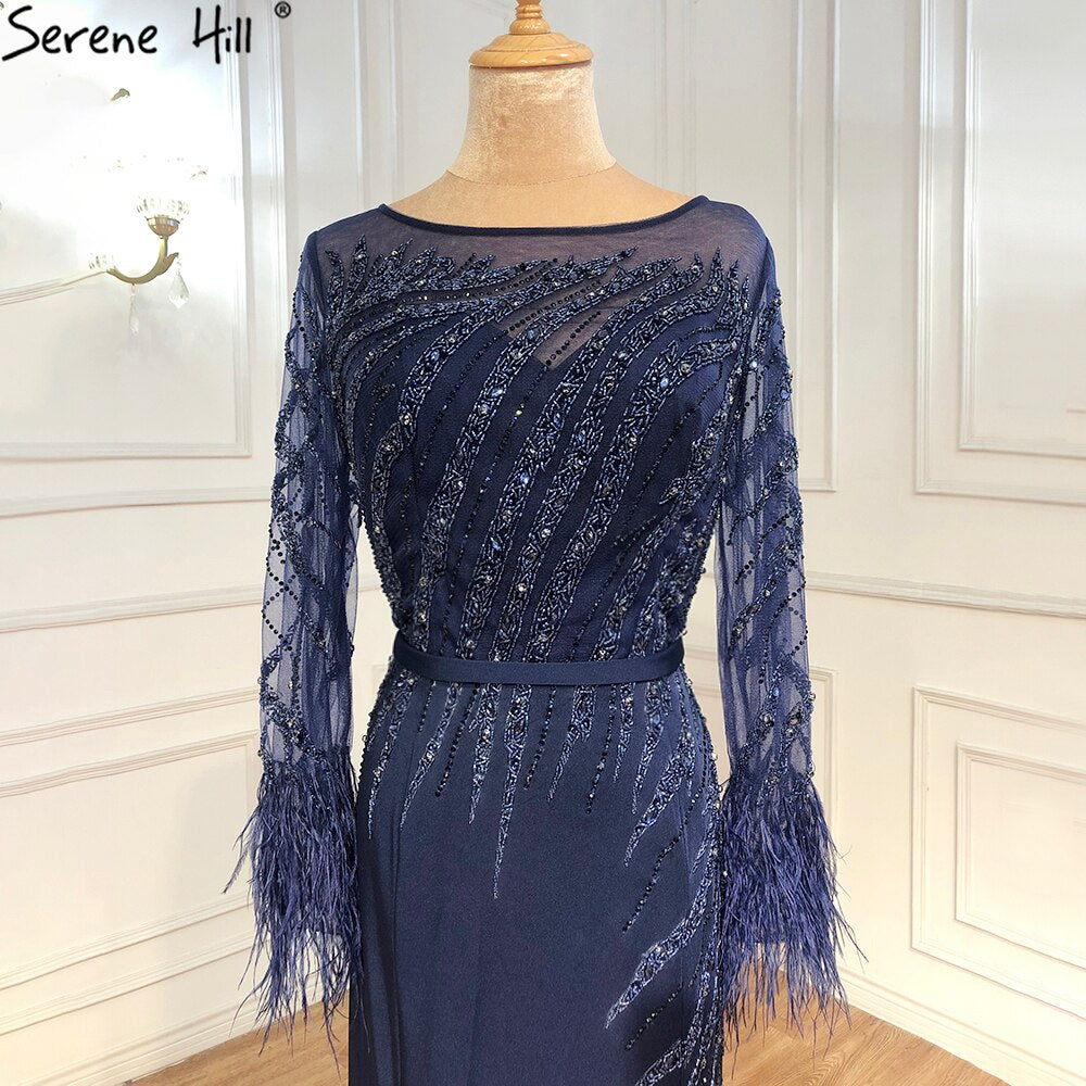 Serene Hill Muslim Navy Blue Meramaid Evening Dresses Gowns 2025 Luxury Elegant Beaded Feather For Women Party LA70978A - SERENE HILL