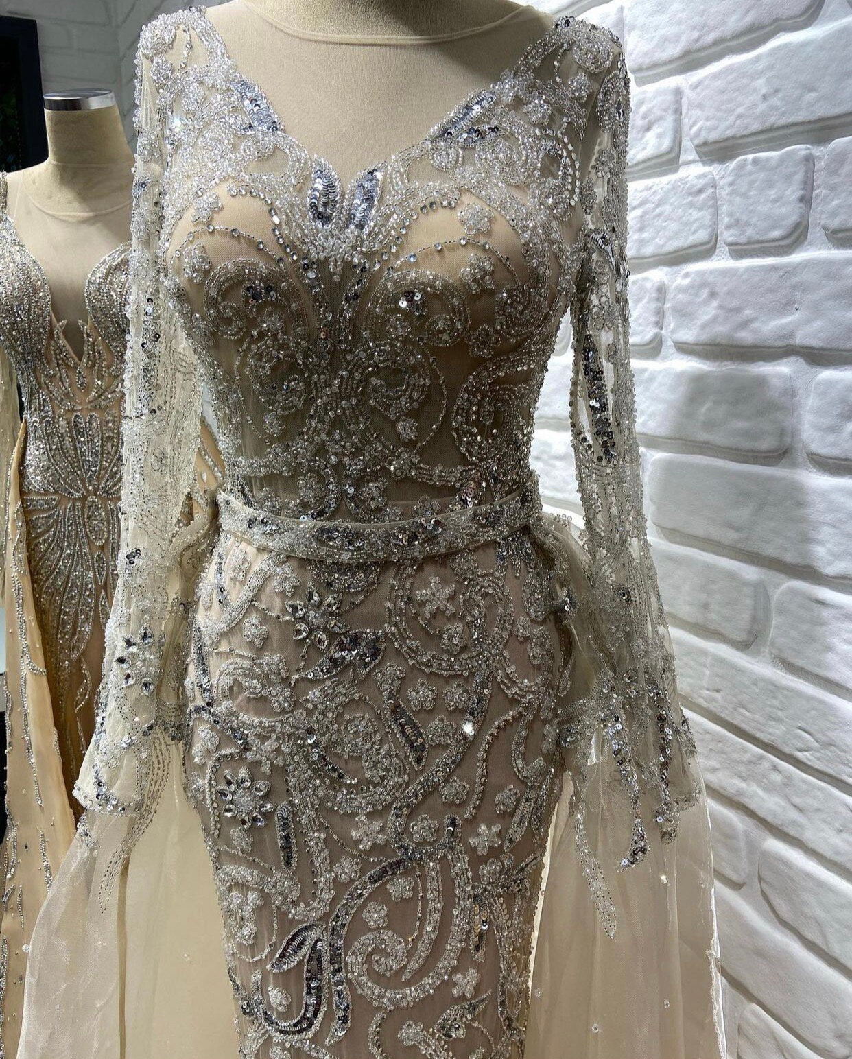 Serene Hill Muslim Nude Silver Overskirt Evening Dresses Gowns 2025 Mermaid Beaded Luxury Elegant For Woman Party LA71353 - SERENE HILL