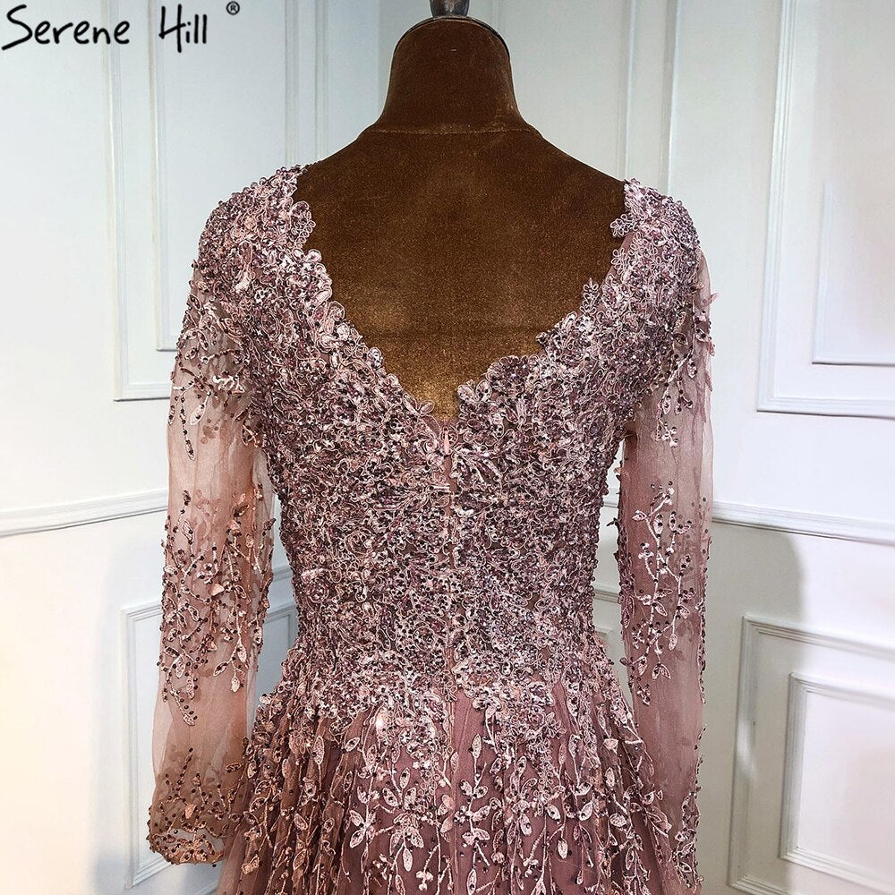 Serene Hill Muslim Pink Luxury Evening Dresses Gowns 2025 Long Sleeves Crystal A-Line For Women Party LA70729 - SERENE HILL
