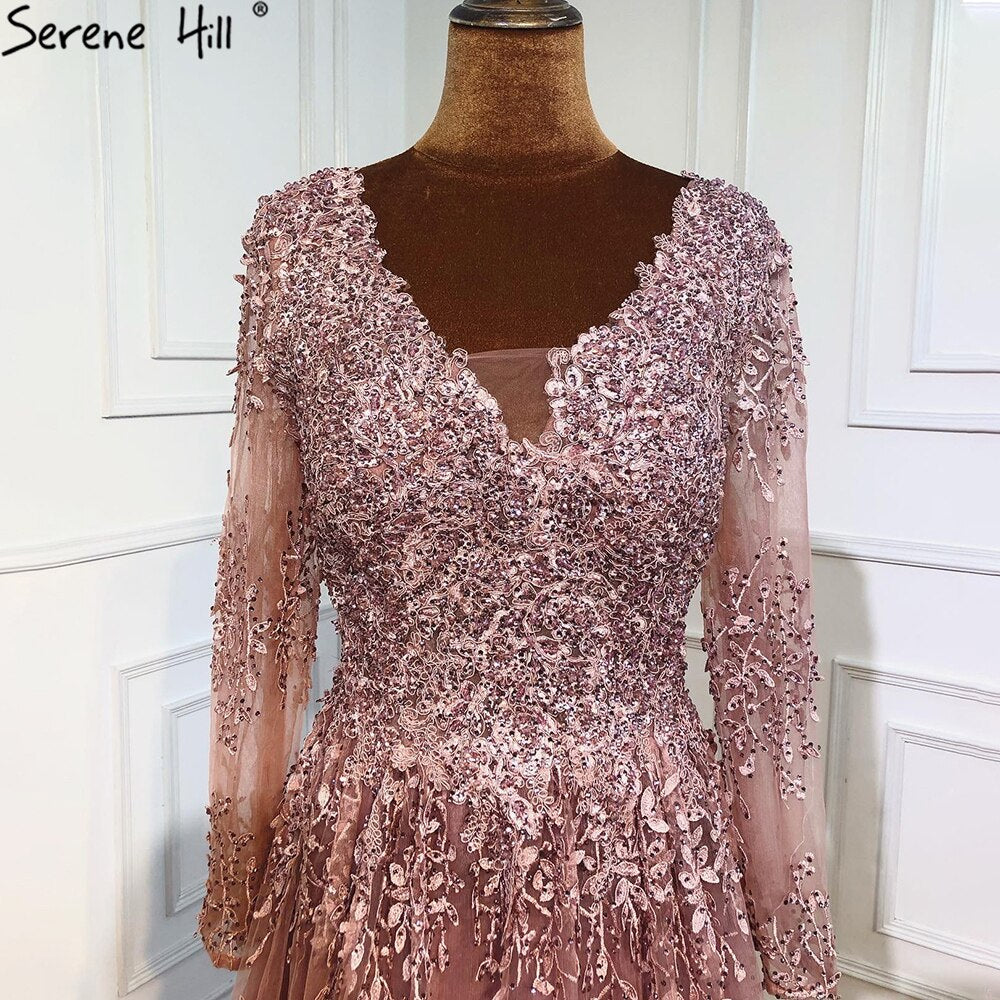 Serene Hill Muslim Pink Luxury Evening Dresses Gowns 2025 Long Sleeves Crystal A-Line For Women Party LA70729 - SERENE HILL