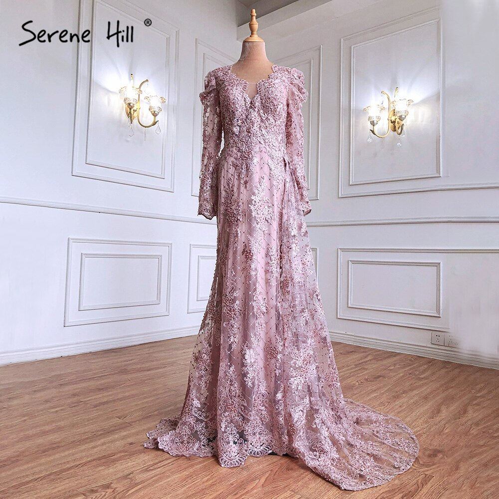 Luxury Muslim Pink Lace Evening Dresses With Overskirt Long Sleeve LA71164 Pink / 2 Luxury Muslim Pink Lace Evening Dresses With Overskirt Long Sleeve LA71164 Pink / 2