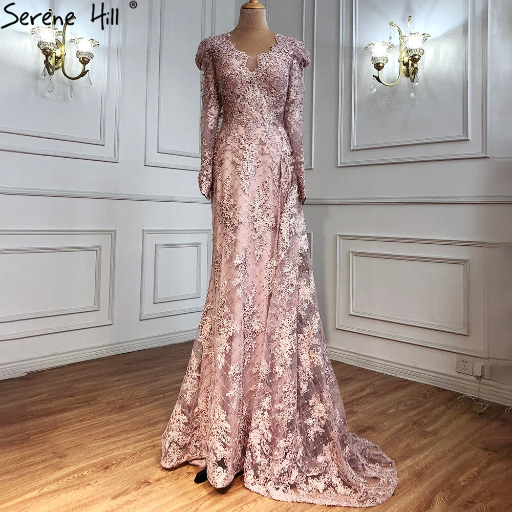 Luxury Muslim Pink Lace Evening Dresses With Overskirt Long Sleeve LA71164 on sale - SERENE HILL