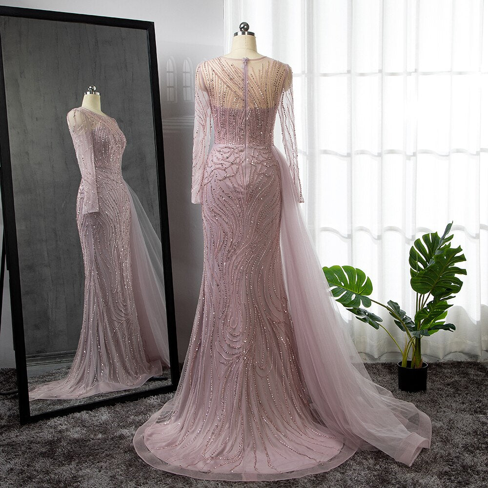 Serene Hill Pink Mermaid With Skirt Long Evening Dresses Gowns 2025 O-Neck Elegant Beaded Luxury For Women Party LA71673 - SERENE HILL