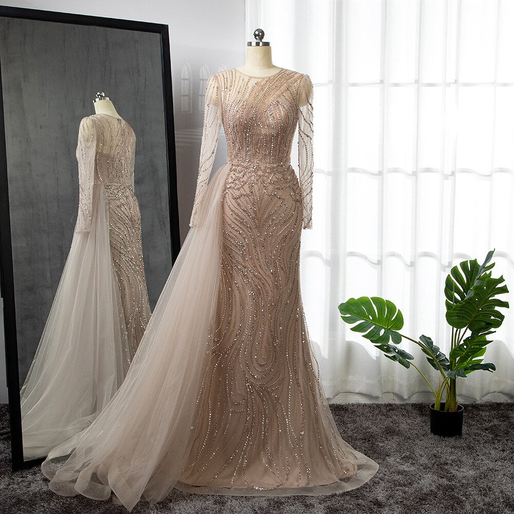 Serene Hill Pink Mermaid With Skirt Long Evening Dresses Gowns 2025 O-Neck Elegant Beaded Luxury For Women Party LA71673 - SERENE HILL