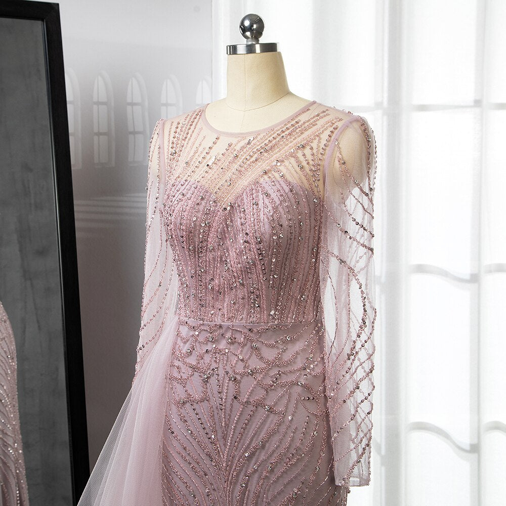 Serene Hill Pink Mermaid With Skirt Long Evening Dresses Gowns 2025 O-Neck Elegant Beaded Luxury For Women Party LA71673 - SERENE HILL