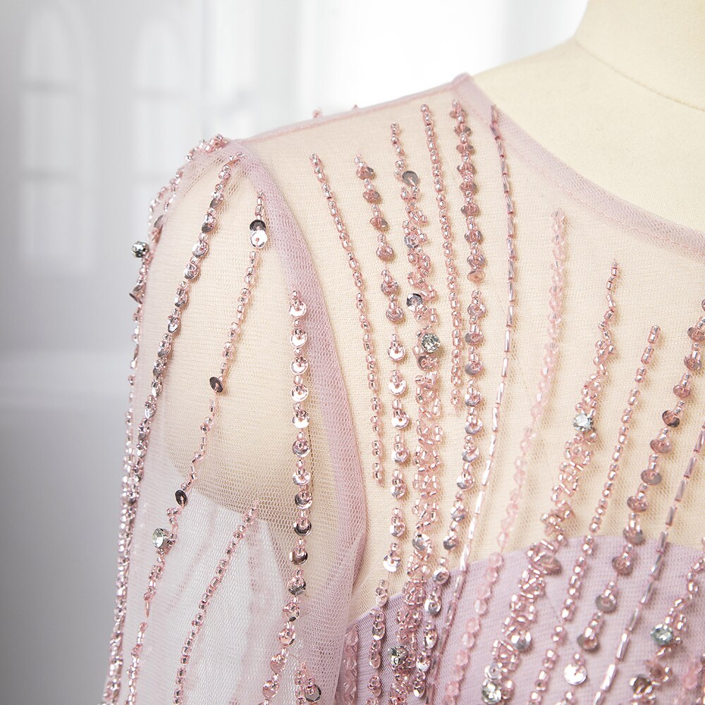 Serene Hill Pink Mermaid With Skirt Long Evening Dresses Gowns 2025 O-Neck Elegant Beaded Luxury For Women Party LA71673 - SERENE HILL