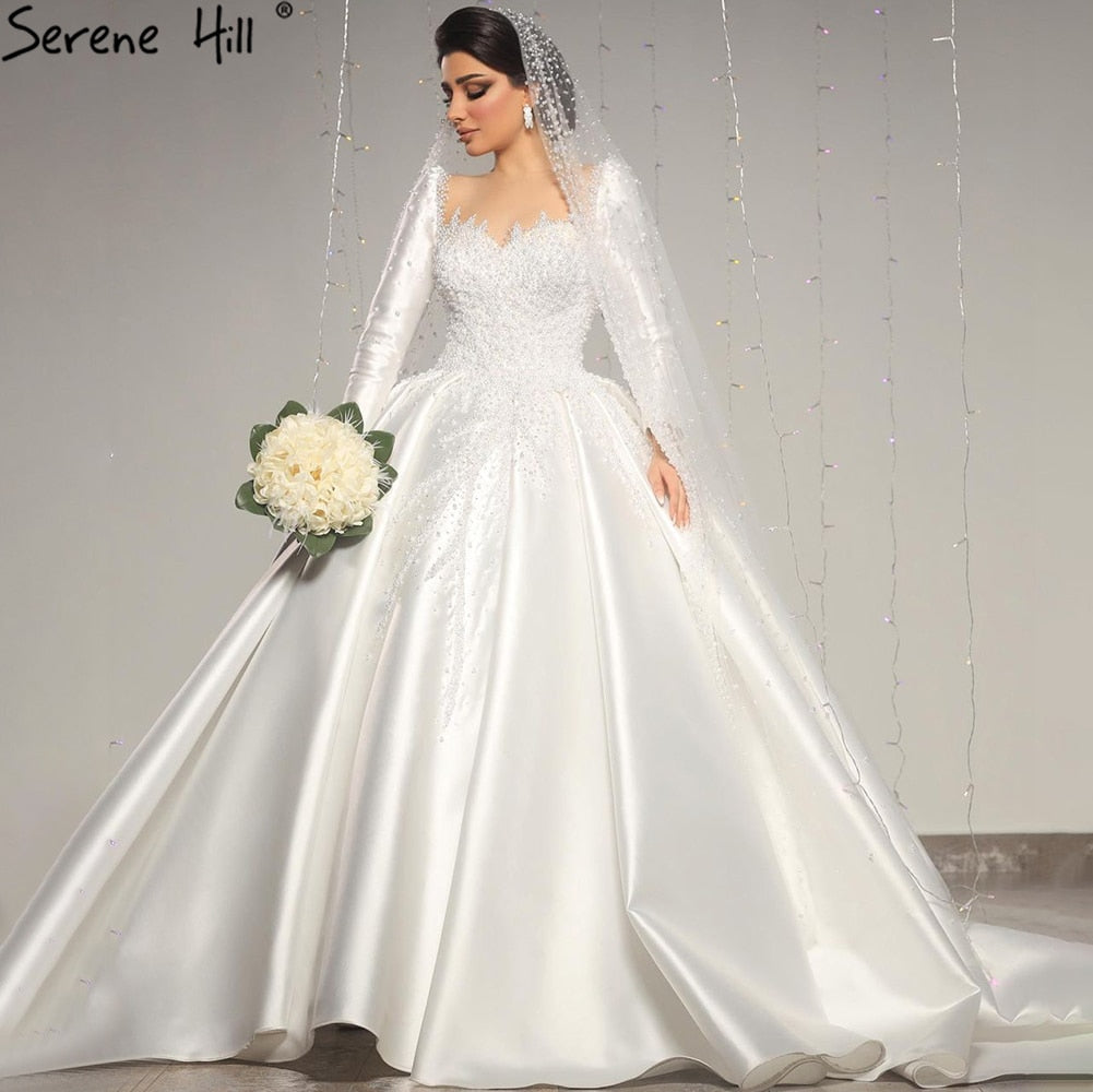 Serene Hill Muslim Satin White Luxury Wedding Dresses 2025 Beading – SERENE HILL