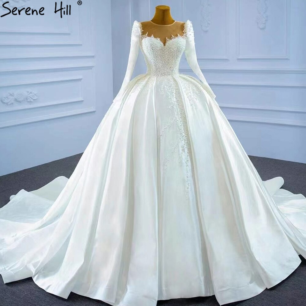 Serene Hill Muslim Satin White Luxury Wedding Dresses 2025 Beading Pearls Ball Gown Bridal Dress HM67259 Custom Made - SERENE HILL