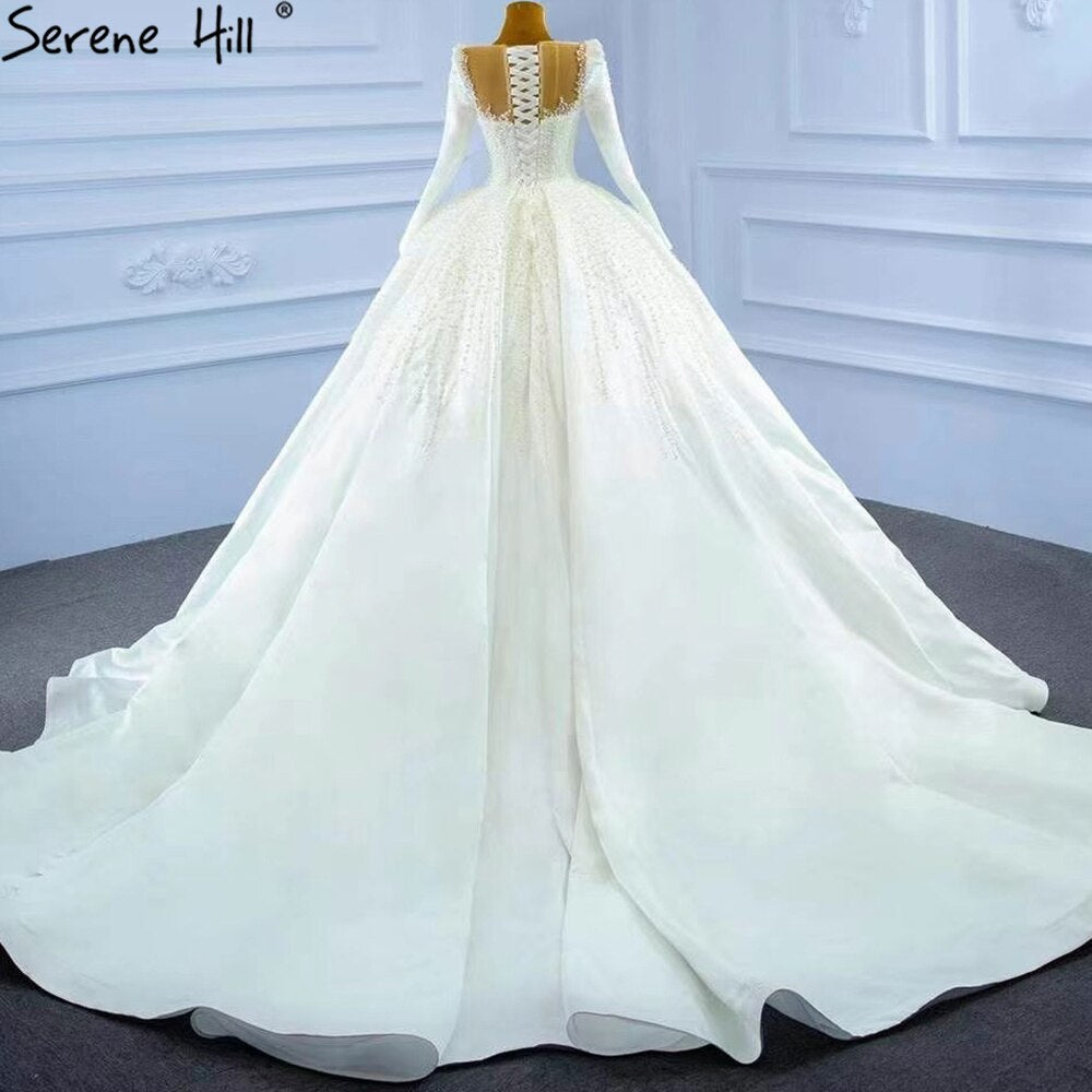 Serene Hill Muslim Satin White Luxury Wedding Dresses 2025 Beading Pearls Ball Gown Bridal Dress HM67259 Custom Made - SERENE HILL