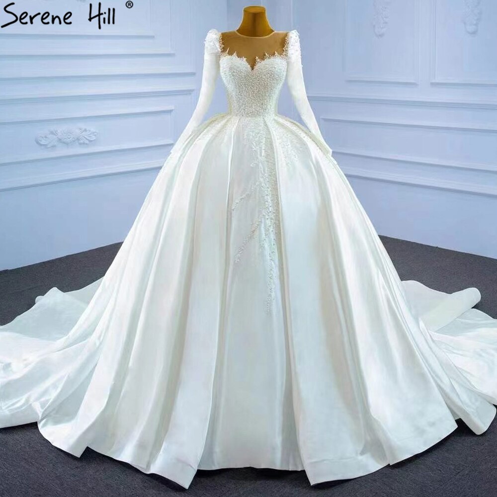 Serene Hill Muslim Satin White Luxury Wedding Dresses 2025 Beading Pearls Ball Gown Bridal Dress HM67259 Custom Made - SERENE HILL