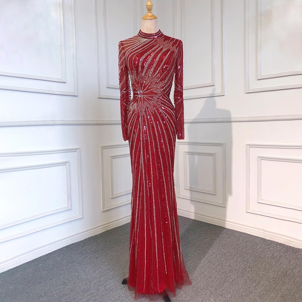 Serene Hill Muslim Sliver Nude Elegant Mermaid High Neck Evening Dresses Gowns Beaded Luxury 2025 For Women Party LA71735 - SERENE HILL