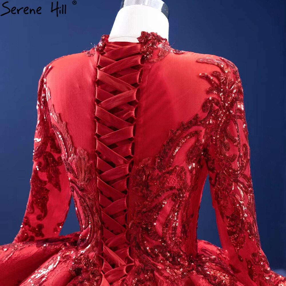 Serene Hill Muslim Sparkle Red Wedding Dresses 2025 Ruched Lace Luxury Bride Gowns HM67298 Custom Made - SERENE HILL