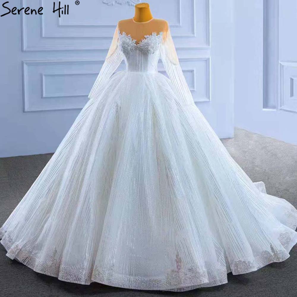 Serene Hill Muslim White Luxury Wedding Dresses 2025 Beaded Lace Up High-end Bride Gowns HM67388 Custom Made - SERENE HILL