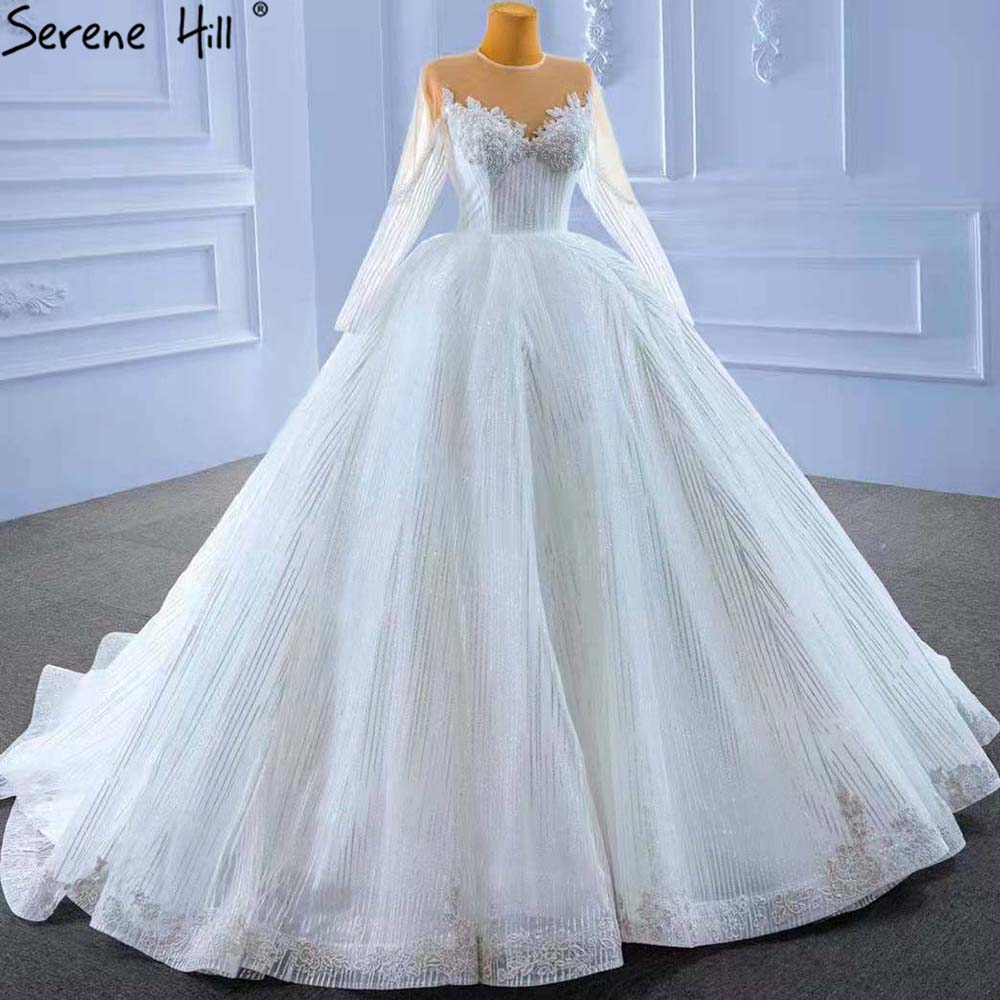 Serene Hill Muslim White Luxury Wedding Dresses 2025 Beaded Lace Up High-end Bride Gowns HM67388 Custom Made - SERENE HILL
