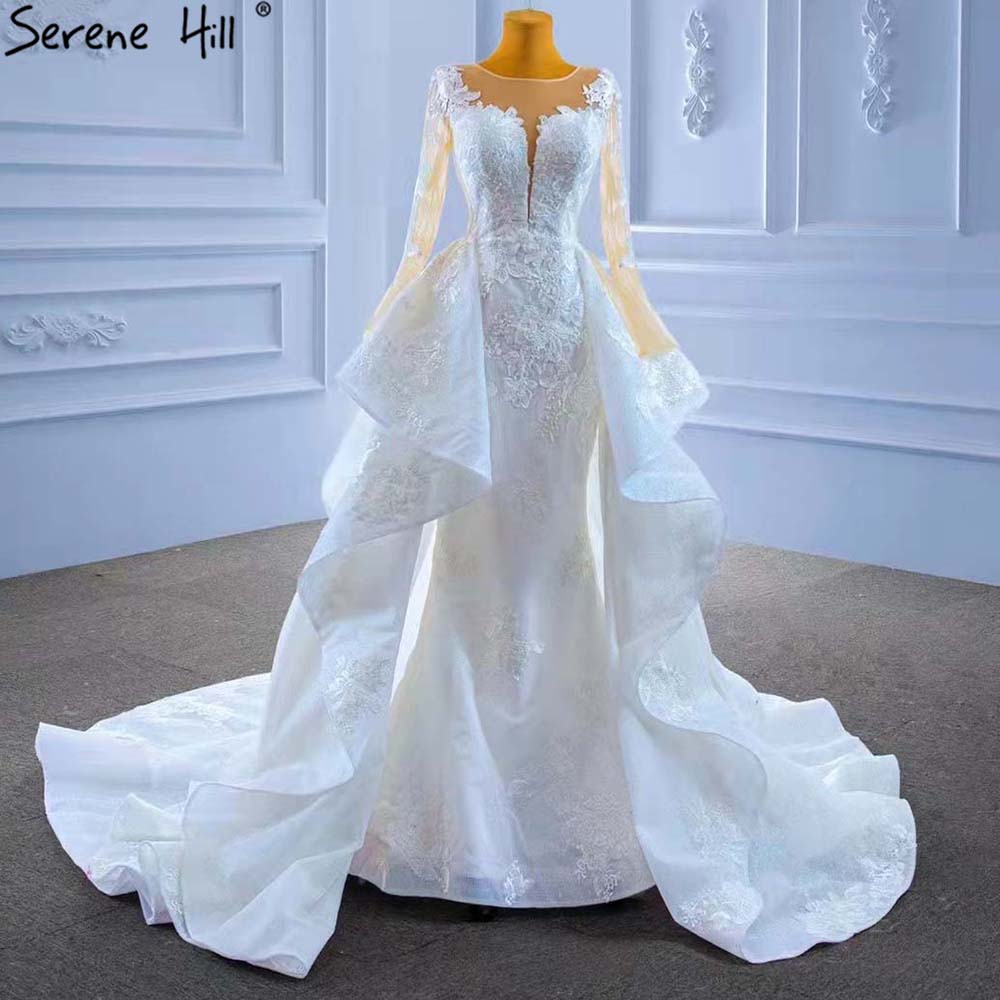 Serene Hill Muslim White OverSkirt Wedding Dresses Gowns 2025 Mermaid Elegant Lace High-end Bridal Dress HM67416 - SERENE HILL