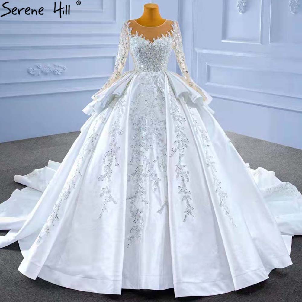 Serene Hill Muslim White Ruffles Beaded Wedding Dresses 2025 Satin Luxury Lace Up Bride Gowns HM67329 Custom Made - SERENE HILL
