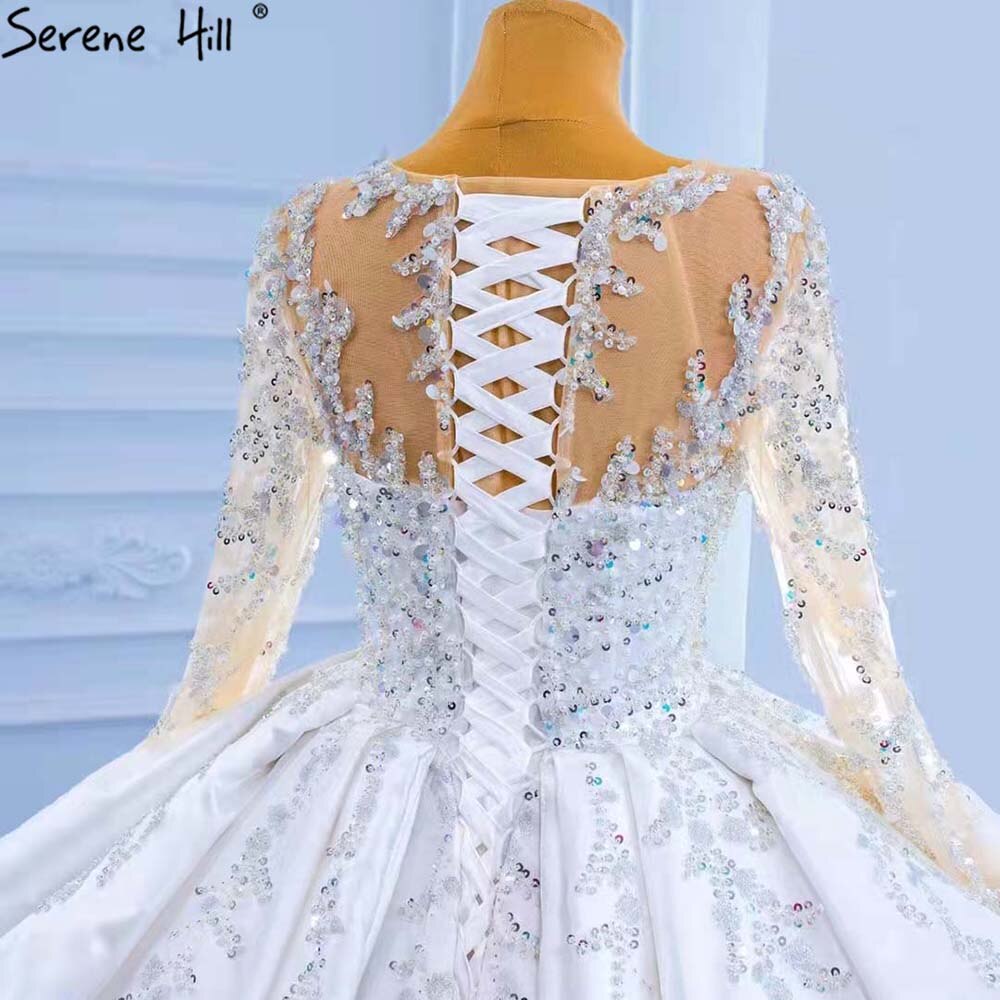Serene Hill Muslim White Ruffles Beaded Wedding Dresses 2025 Satin Luxury Lace Up Bride Gowns HM67329 Custom Made - SERENE HILL