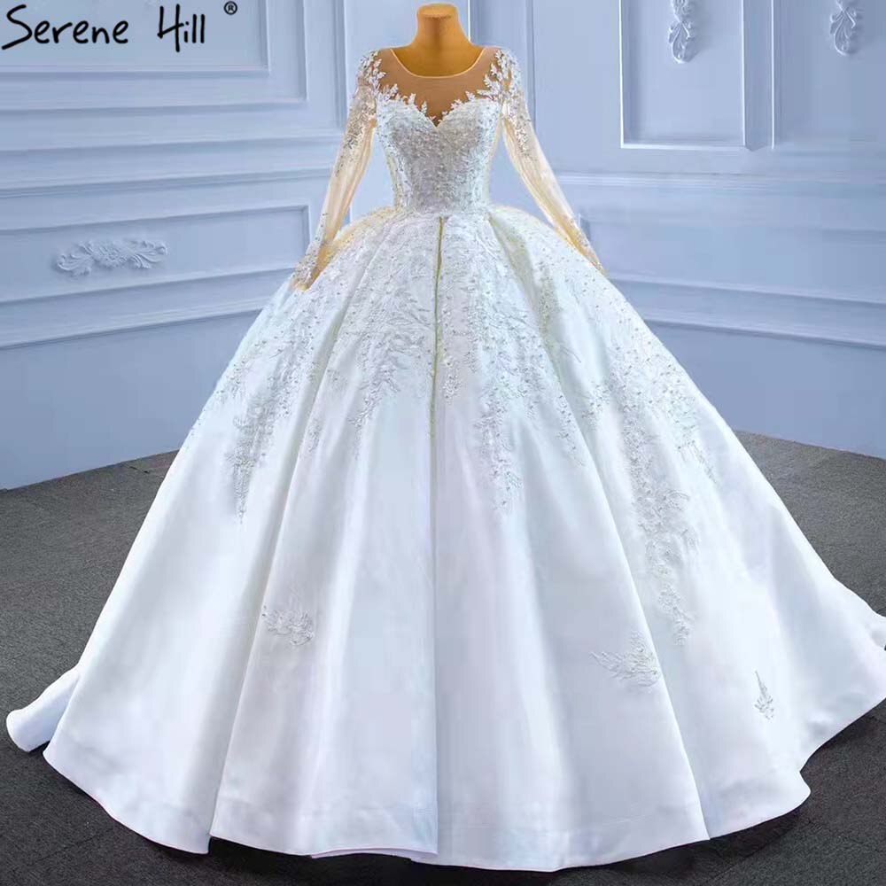 Serene Hill Muslim White Satin Wedding Dresses 2025 Beaded High-end Lace Up Bride Gowns HM67415 Custom Made - SERENE HILL