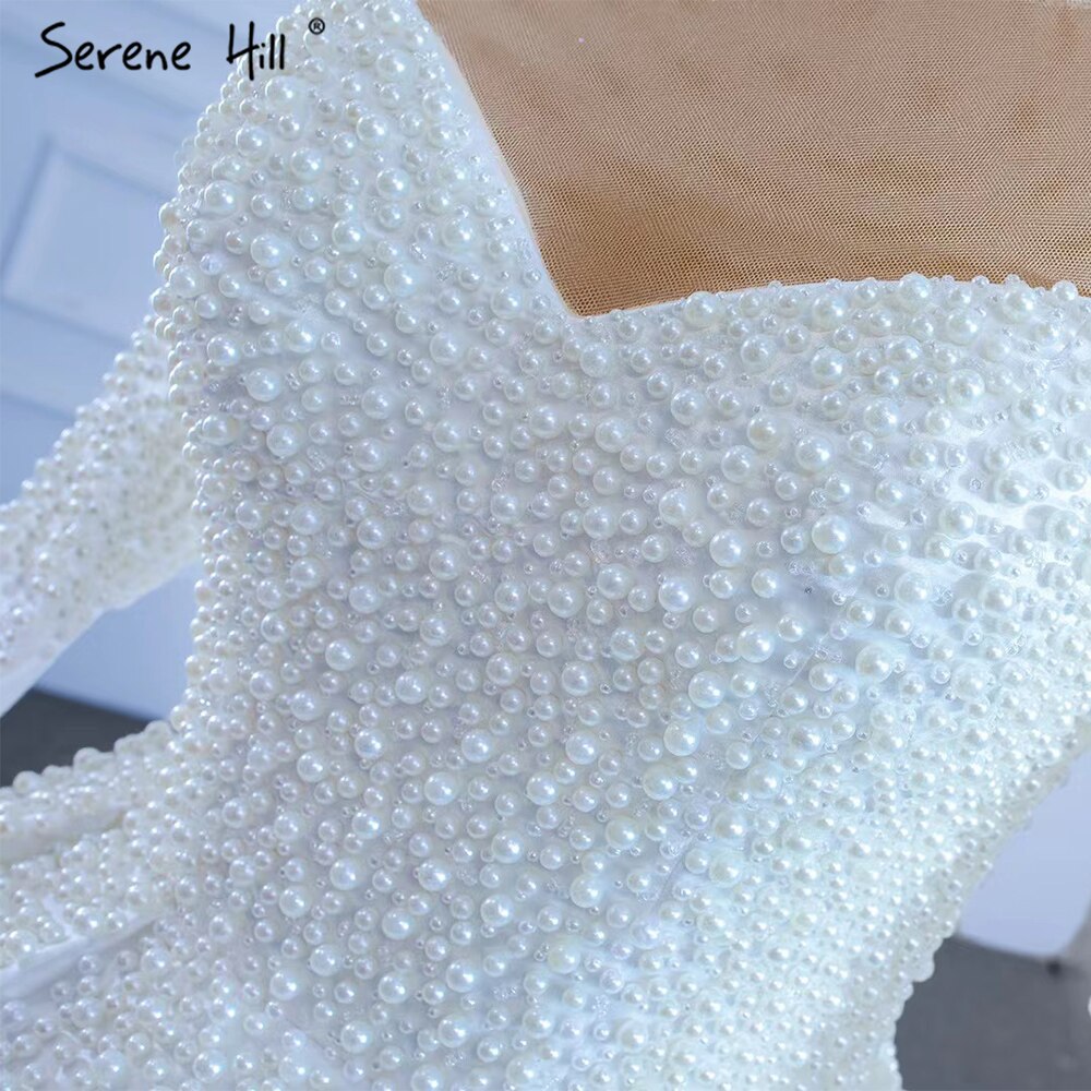 Serene Hill Muslim White Satin Wedding Dresses 2025 Beaded Pearl High-end Bride Gowns HM67279 Custom Made - SERENE HILL