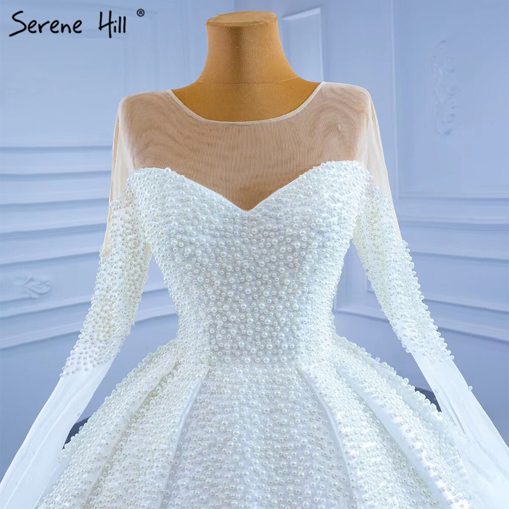Serene Hill Muslim White Satin Wedding Dresses 2025 Beaded Pearl High-end Bride Gowns HM67279 Custom Made - SERENE HILL
