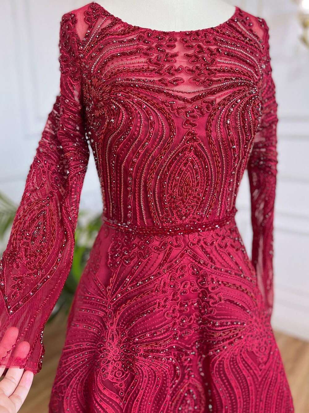 Serene Hill Muslim Wine Red Luxury Evening Dresses Gowns 2025 A-Line Beaded For Women Wedding Party LA71873 - SERENE HILL