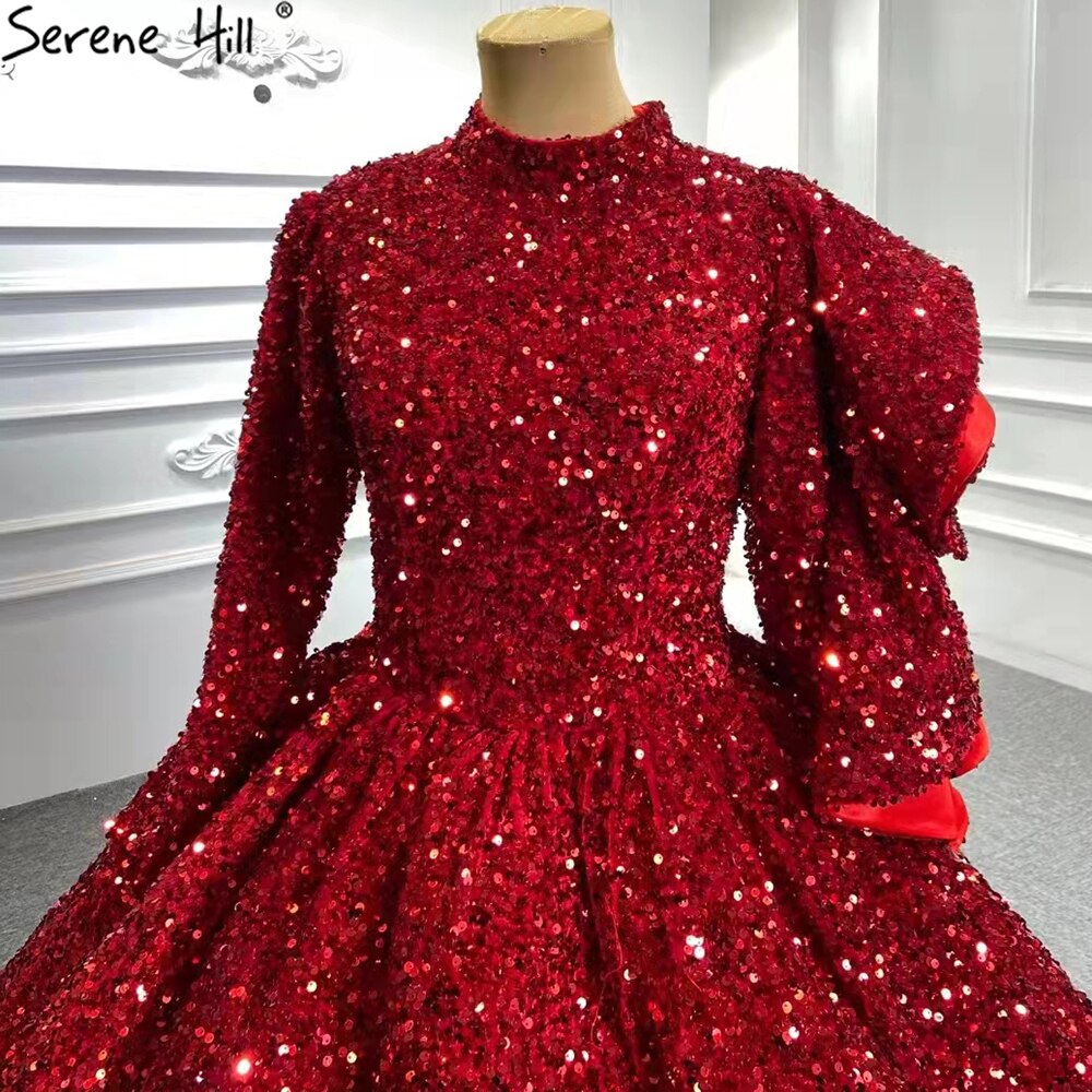 Serene Hill Muslim Wine Red Sequined Wedding Dresses 2025 Long Sleeves Luxury Sparkle Bridal Gowns HA2522 Custom Made - SERENE HILL