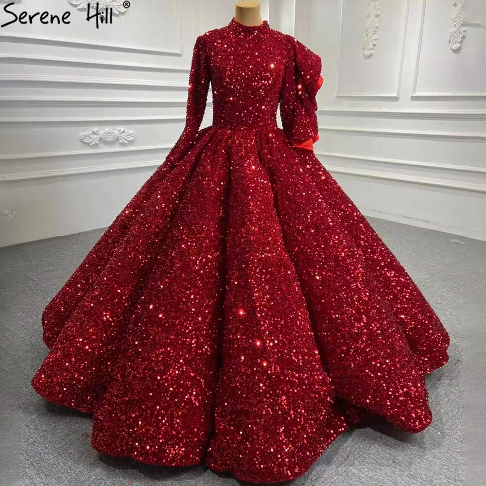 Serene Hill Muslim Wine Red Sequined Wedding Dresses 2025 Long Sleeves Luxury Sparkle Bridal Gowns HA2522 Custom Made - SERENE HILL