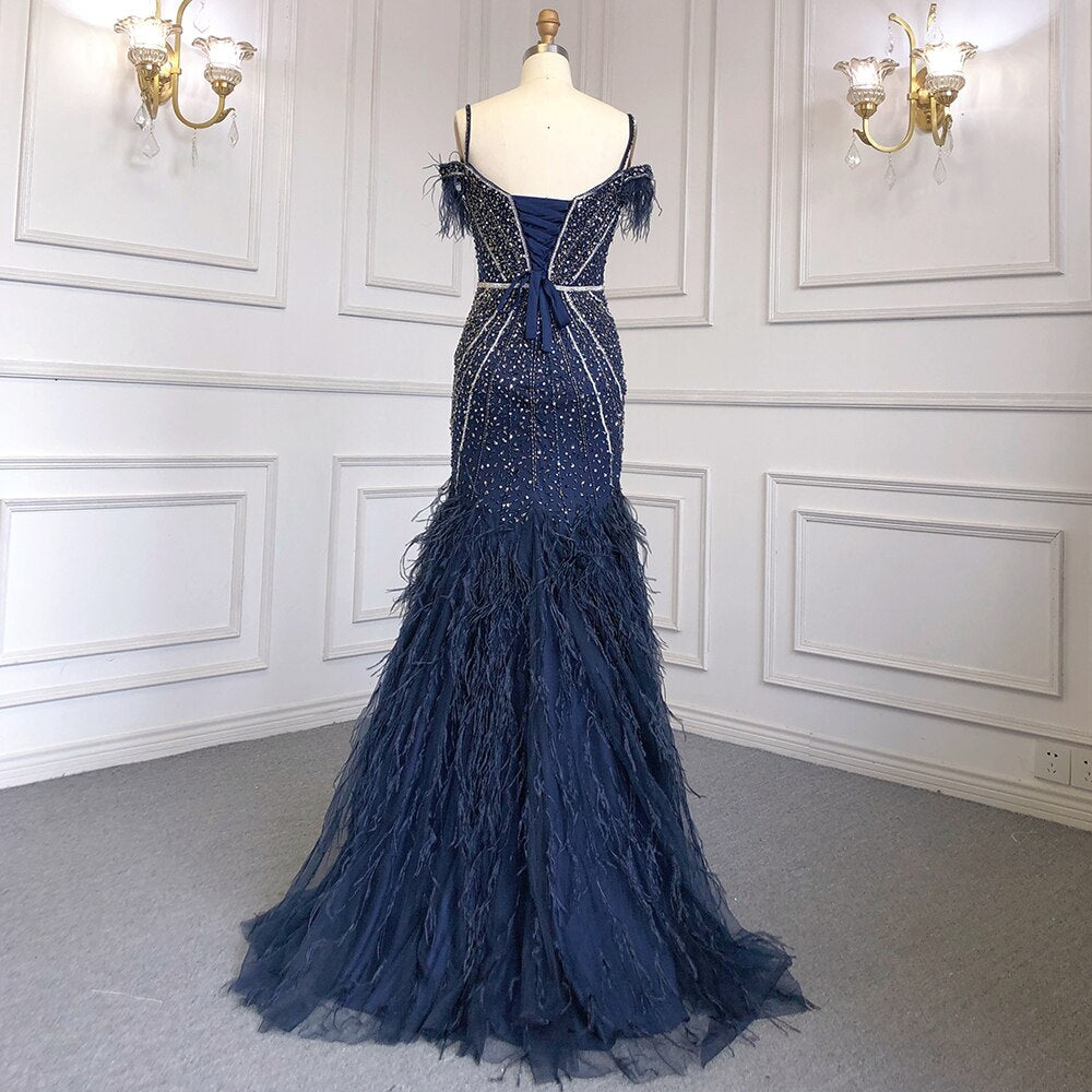 Luxury Feathers Navy Blue Prom Evening Dresses LA71656 - SERENE HILL