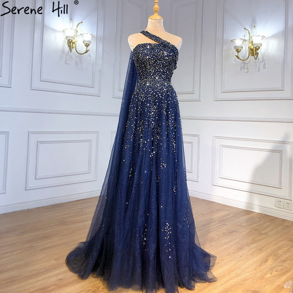 Serene Hill Navy Blue One Shouler Cape Sleeve Evening Dresses Gowns SERENE HILL Serene Hill Navy Blue One Shouler Cape Sleeve Evening Dresses Gowns SERENE HILL