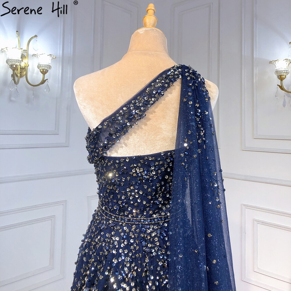 Serene Hill Navy Blue One Shouler Cape Sleeve Evening Dresses Gowns 2025 A-Line Beaded Luxury For Woman Party LA71432 - SERENE HILL