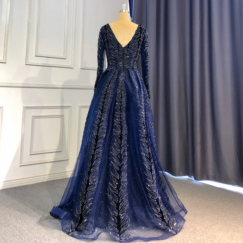 Serene Hill Navy Blue Velvet Muslim Mermaid Elegant Evening Dresses Beaded Long Sleeves With Skirt Not Removable 2025 LA71691 - SERENE HILL