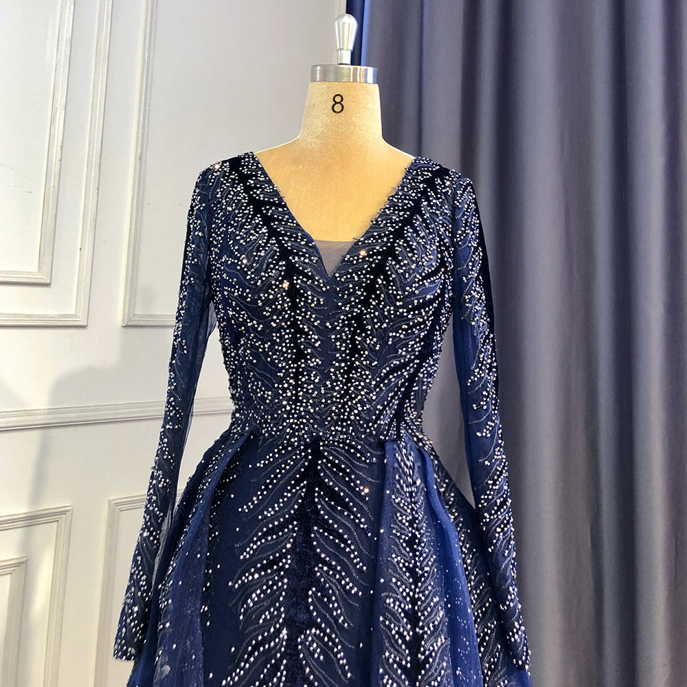 Serene Hill Navy Blue Velvet Muslim Mermaid Elegant Evening Dresses Beaded Long Sleeves With Skirt Not Removable 2025 LA71691 - SERENE HILL