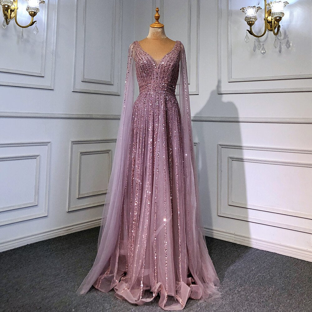 Luxury Nude Dubai Evening Dress with Cape Sleeves LA71567 - SERENE HILL