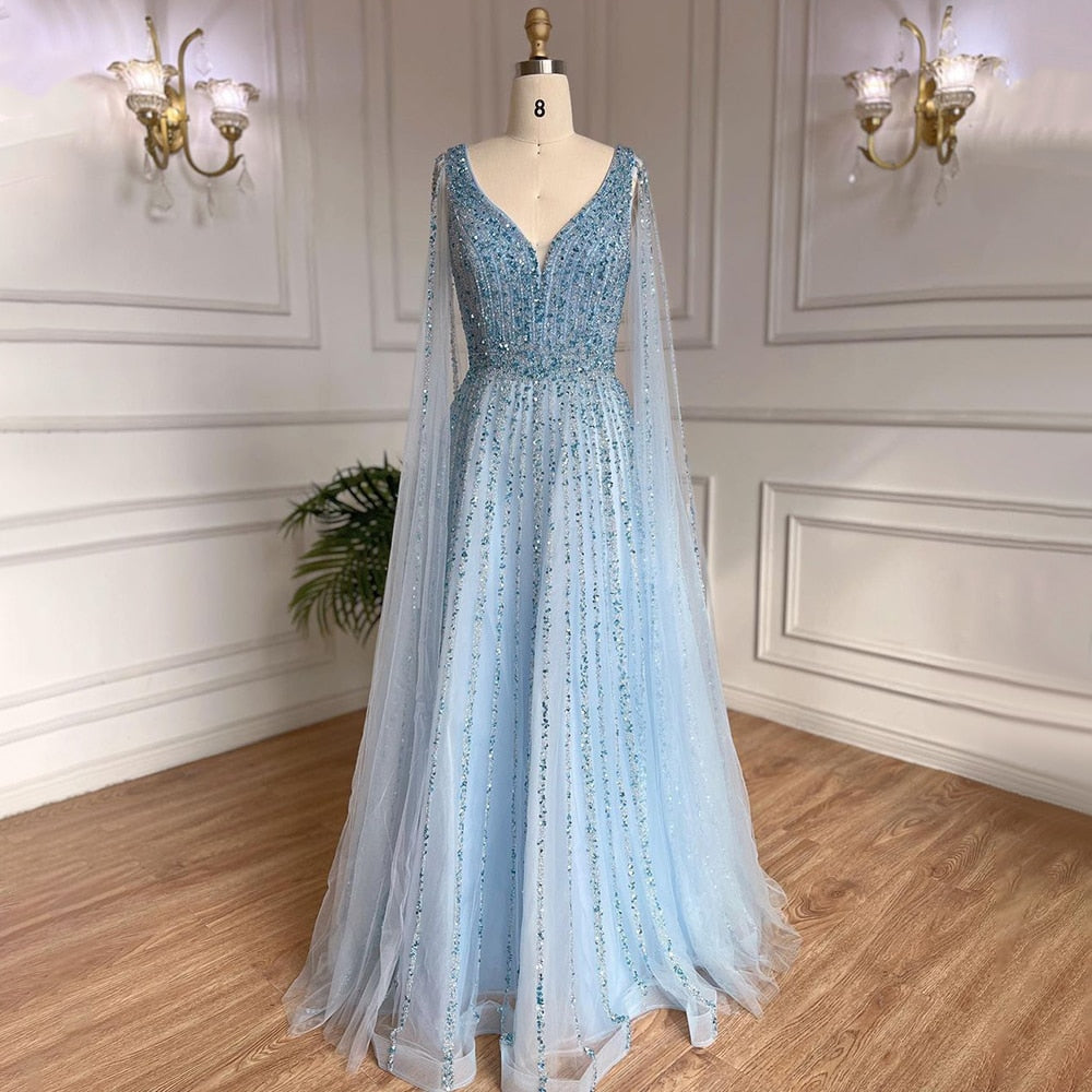 Luxury Nude Dubai Evening Dress with Cape Sleeves LA71567 - SERENE HILL