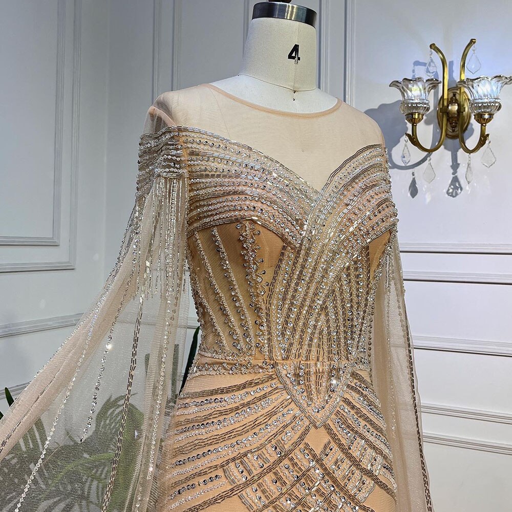 Serene Hill Nude Arabic Mermaid Cape Sleeves O-neck Beaded Evening Dresses Luxury Gowns 2025 For Women Wedding Party LA72012 - SERENE HILL